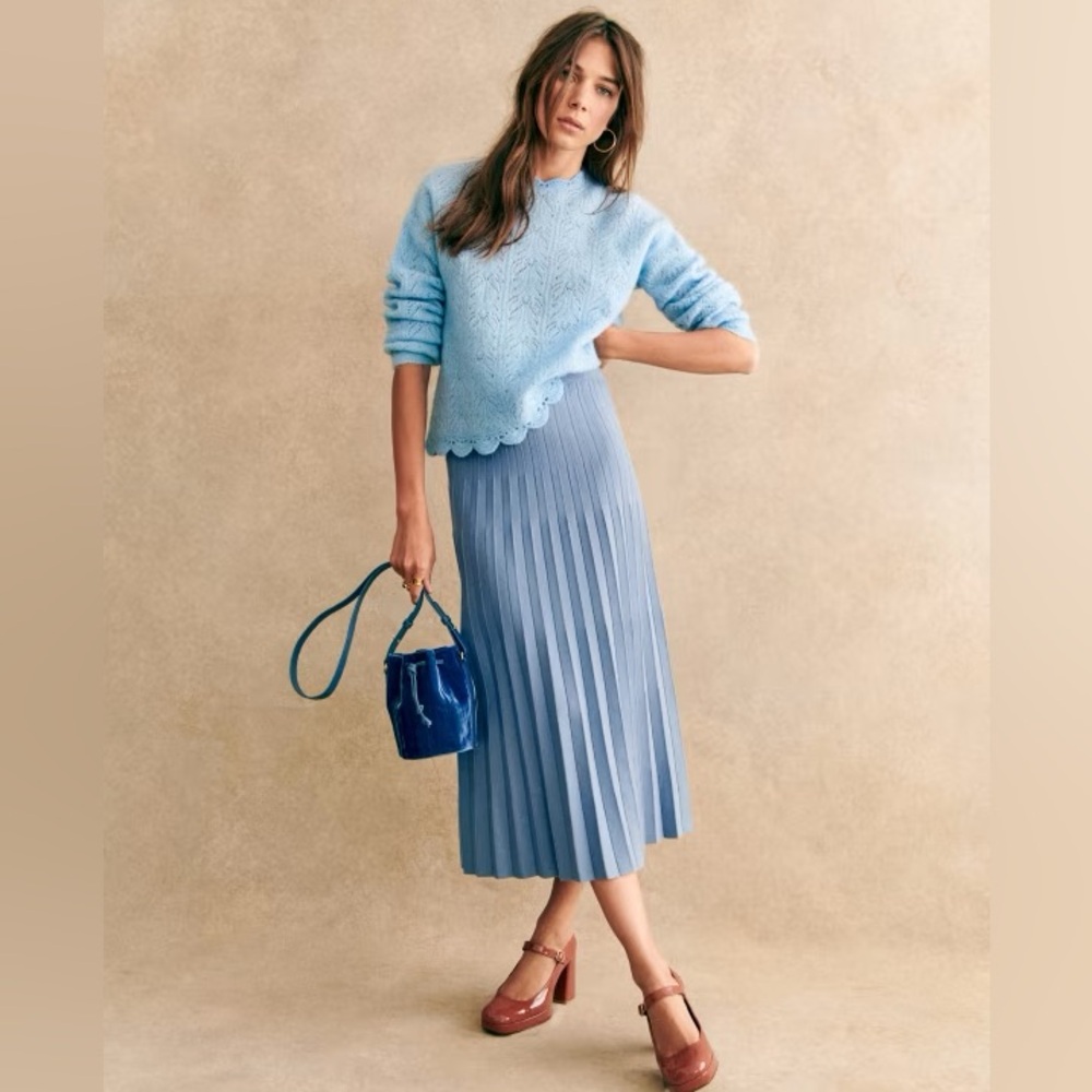 Sezane Light Blue Pleated Midi Skirt
